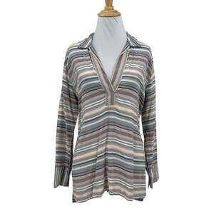 Lou & Grey Top Women XS Extra Small Multi Stripe Popover Johnny Collar Drop Cut